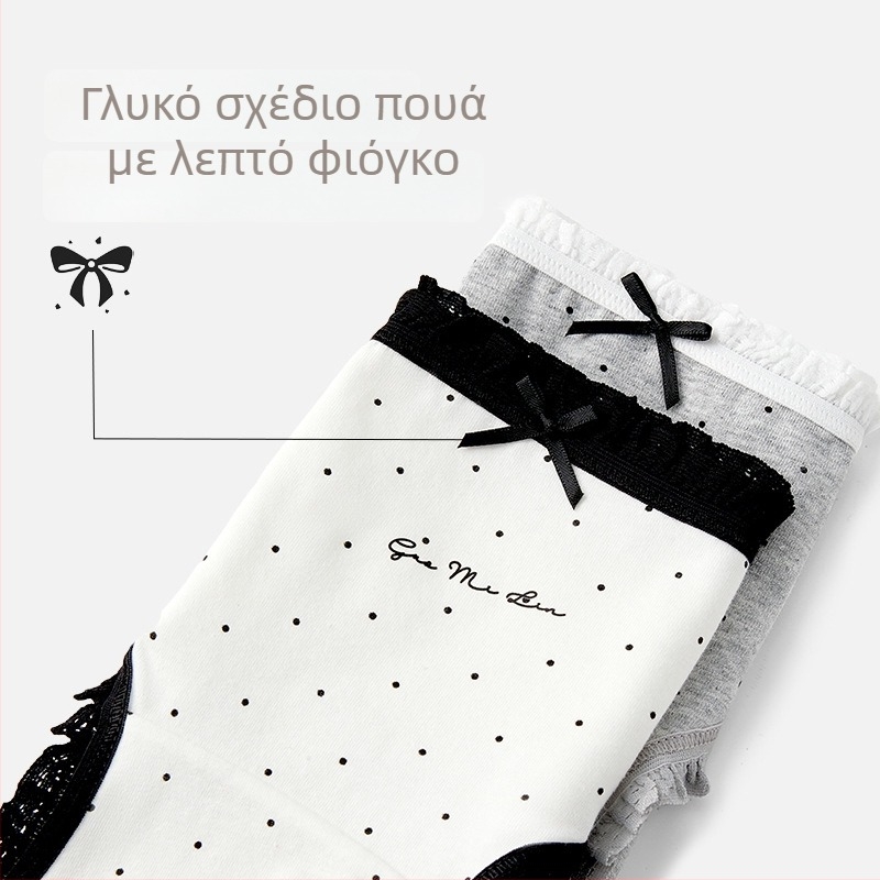 Βαμβακερά γυναικεία εσώρουχα με φιόγκο, πουά, μεσαίας μέσης, εσωτερική επένδυση καβάλου από βαμβάκι, δαντελένιο τελείωμα, αναπνέοντα