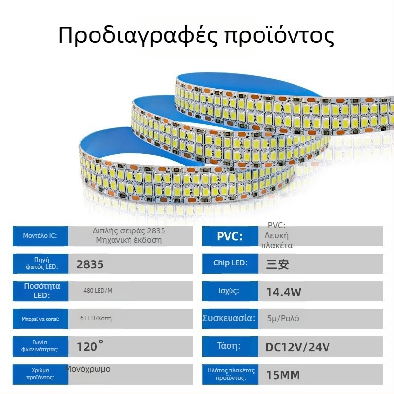 Λωρίδα LED 2835, χαμηλή τάση 12V/24V, αυτοκόλλητη, διπλής σειράς, 240 LED συνολικά (24 lm ανά LED)