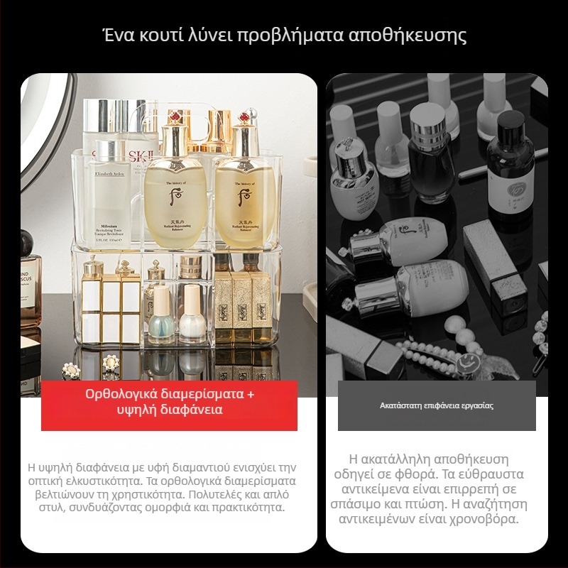 Ακρυλικό κουτί αποθήκευσης καλλυντικών με διαχωριστικά, οργανωτής τραπεζιού για μακιγιάζ, προστασία από σκόνη, μεγάλη χωρητικότητα