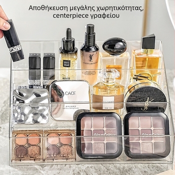 Διαφανής ακρυλικός οργανωτής καλλυντικών για τραπεζάκι μακιγιάζ – αποθήκευση αρωμάτων, προϊόντων φροντίδας δέρματος, σφουγγάρι πούδρας και κραγιόν