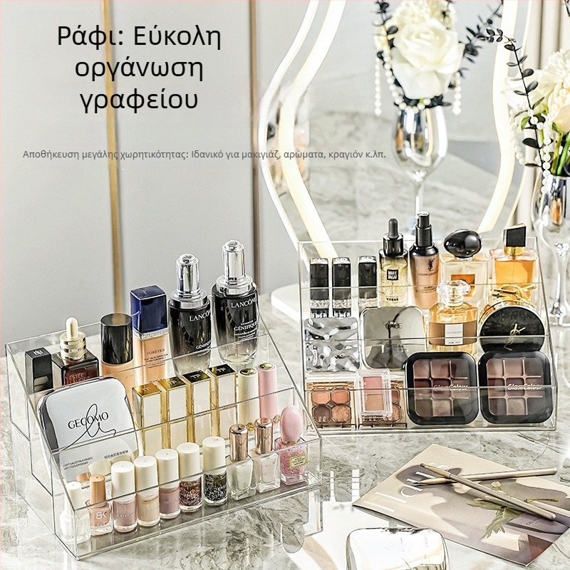Διαφανής ακρυλικός οργανωτής καλλυντικών για τραπεζάκι μακιγιάζ – αποθήκευση αρωμάτων, προϊόντων φροντίδας δέρματος, σφουγγάρι πούδρας και κραγιόν