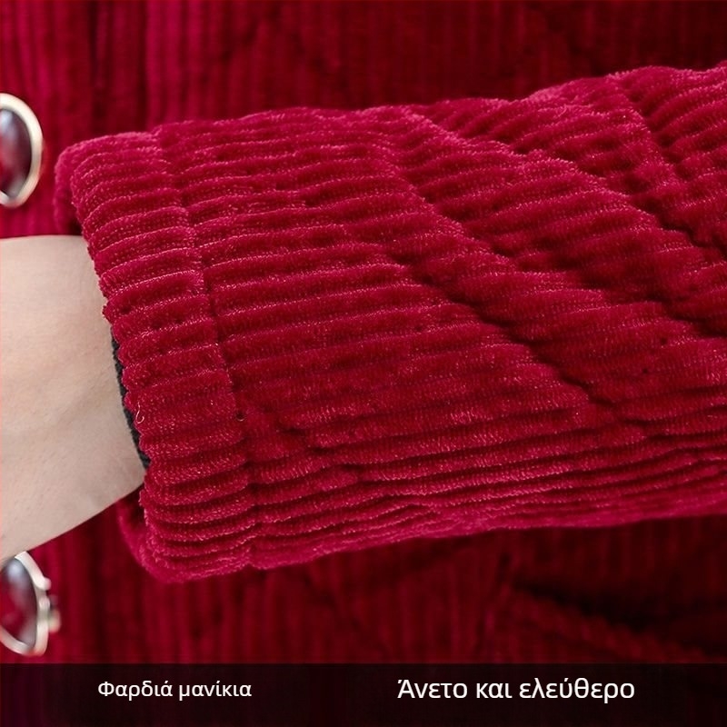 Corduroy γυναικείο χειμωνιάτικο παλτό, επενδυμένο με φλίς και παχυμένο, με κουκούλα, άνετη γραμμή για μεσήλικες και ηλικιωμένες