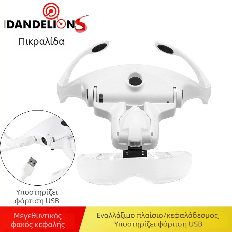 USB επαναφορτιζόμενος LED μεγεθυντικός φακός κεφαλής με εναλλάξιμες φακές, 5x μεγέθυνση