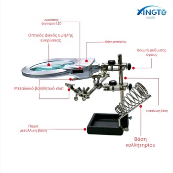 Star Xingte 16129-A Επιτραπέζιος μεγεθυντικός φακός με δύο LED, 3x μεγέθυνση, κλιπ στήριξης, μεταλλικός/πλαστικός/γυάλινος φακός