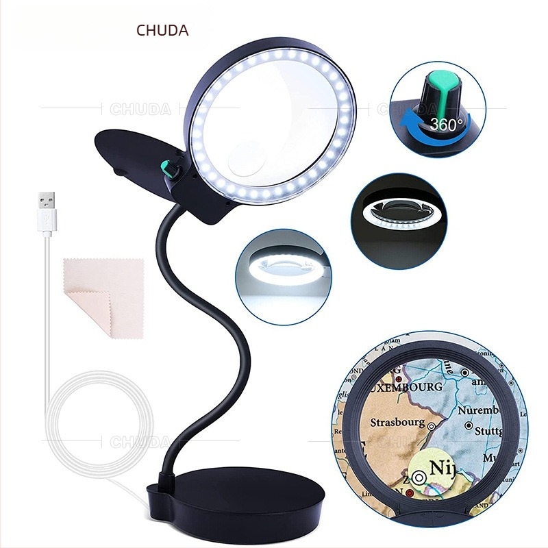 Chuda επιτραπέζιο φωτιστικό με 36 LED, μεγεθυντικός φακός για σχέδια φρυδιών, εργαλείο με διαμαντί, USB, διπλός φακός 130 mm