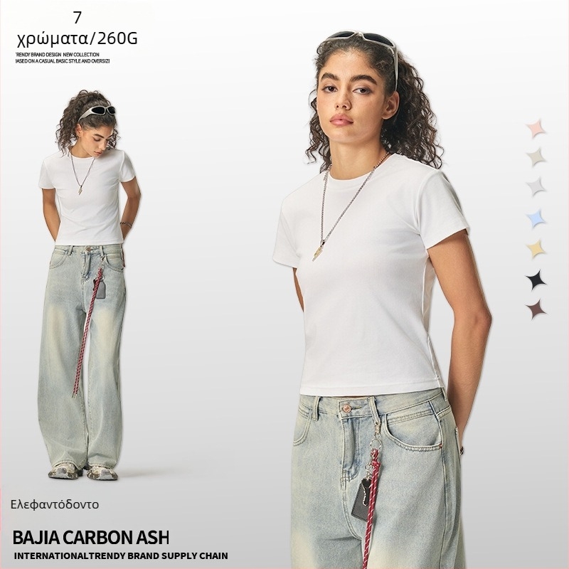 Καλοκαιρινό cropped top σε αμερικανικό στυλ, κοντό μανίκι, γυναικείο στενή γραμμή μονόχρωτο T‑shirt, 260 g