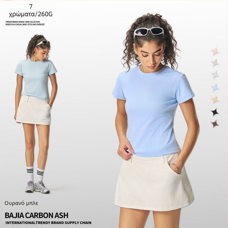 Καλοκαιρινό cropped top σε αμερικανικό στυλ, κοντό μανίκι, γυναικείο στενή γραμμή μονόχρωτο T‑shirt, 260 g