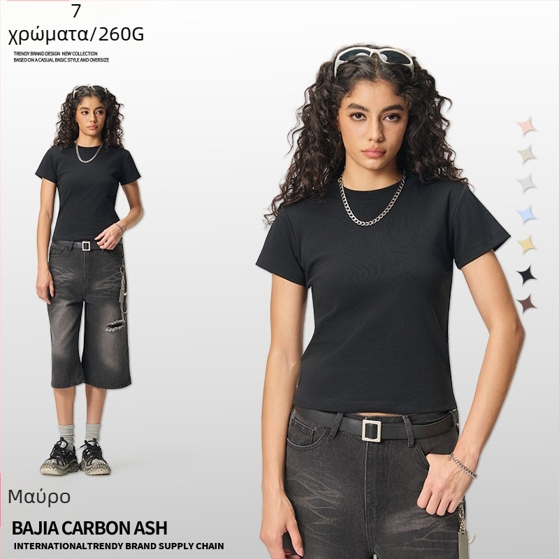 Καλοκαιρινό cropped top σε αμερικανικό στυλ, κοντό μανίκι, γυναικείο στενή γραμμή μονόχρωτο T‑shirt, 260 g