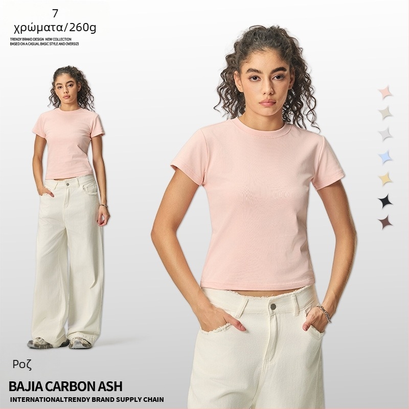 Καλοκαιρινό cropped top σε αμερικανικό στυλ, κοντό μανίκι, γυναικείο στενή γραμμή μονόχρωτο T‑shirt, 260 g