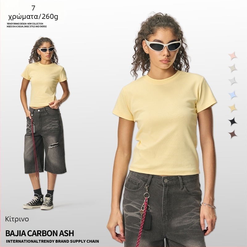 Καλοκαιρινό cropped top σε αμερικανικό στυλ, κοντό μανίκι, γυναικείο στενή γραμμή μονόχρωτο T‑shirt, 260 g