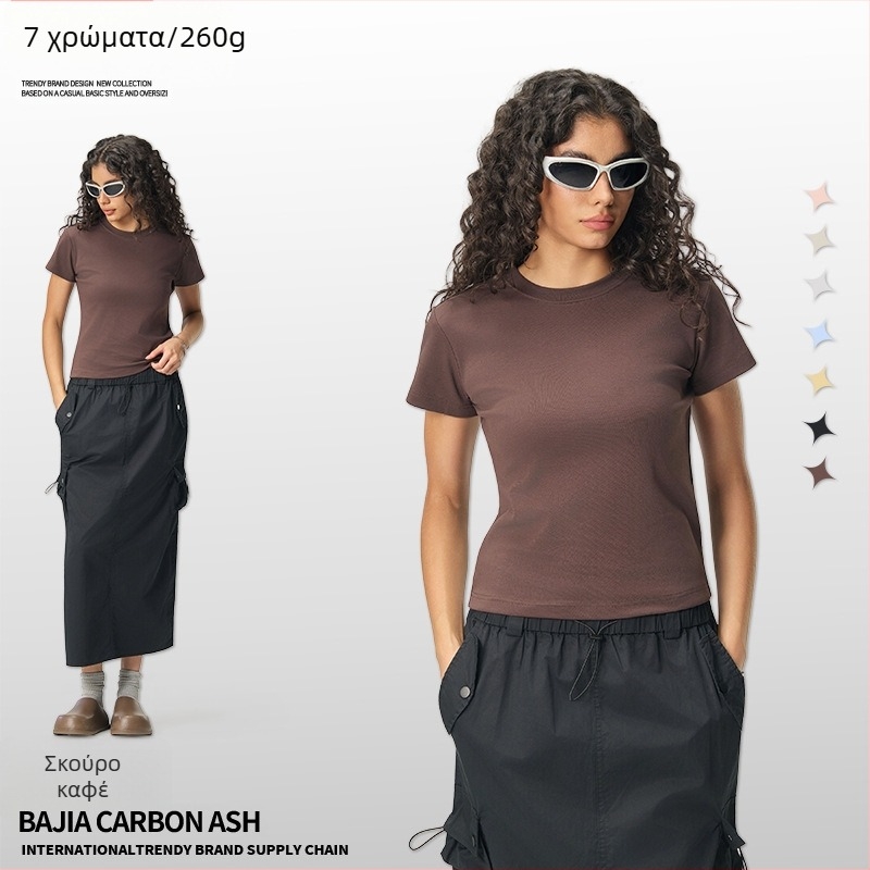 Καλοκαιρινό cropped top σε αμερικανικό στυλ, κοντό μανίκι, γυναικείο στενή γραμμή μονόχρωτο T‑shirt, 260 g