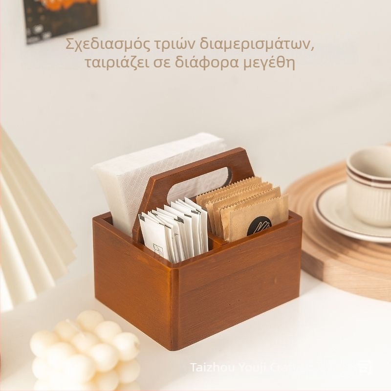 Ξύλινο επιτραπέζιο κουτί οργάνωσης με χειρολαβή, πολυδιαμερισματικός οργανωτής για οικιακή χρήση, κατάλληλο για σαλόνι και τραπεζαρία, με χώρο για χαρτομάντιλα, σακουλάκια καρυκευμάτων και οδοντογλυφίδες.