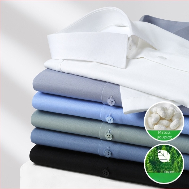 2025 Mulberry Silk + Modal ανδρικό πουκάμισο κοντό μανίκι, χωρίς σιδέρωμα, στενή γραμμή, τετράγωνος γιακά, μονόχρωμο, επαγγελματικό casual