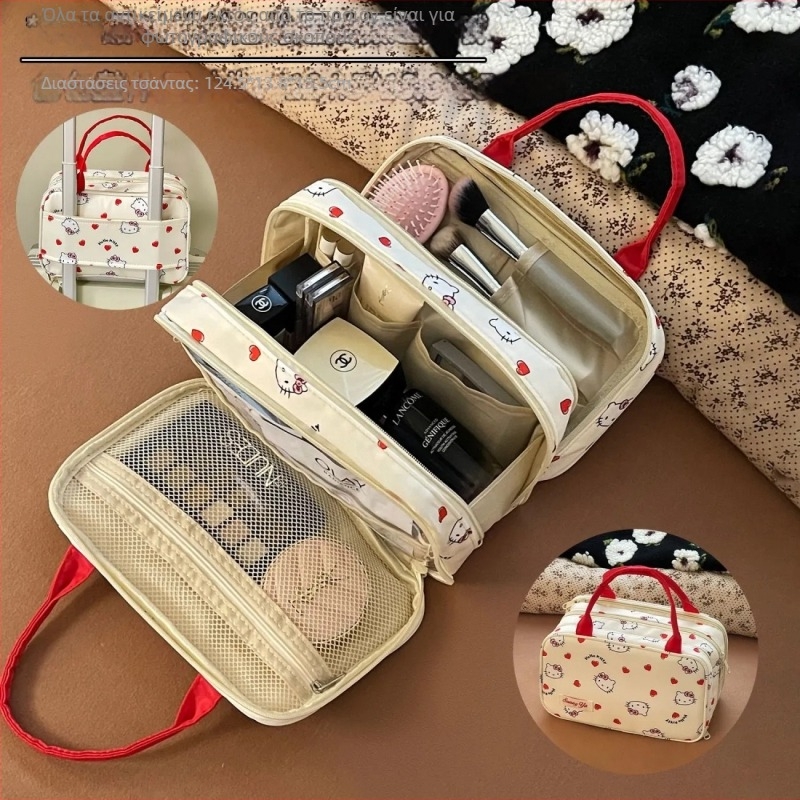 Hello Kitty τσάντα ταξιδιού για αποσκευές με διπλού επιπέδου κατασκευή, μεγάλο διαχωρισμένο νεσεσέρ καλλυντικών και προϊόντων περιποίησης, φορητός οργανωτής
