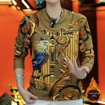 Ανδρικό μακρυμάνικο T‑shirt με ευρωπαϊκό στυλ εκτύπωσης, βελούδινη υφή, στενή γραμμή, ζεστή επένδυση φλίς