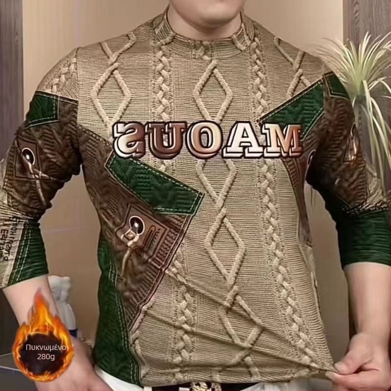 Ανδρικό μακρυμάνικο T‑shirt με ευρωπαϊκό στυλ εκτύπωσης, βελούδινη υφή, στενή γραμμή, ζεστή επένδυση φλίς