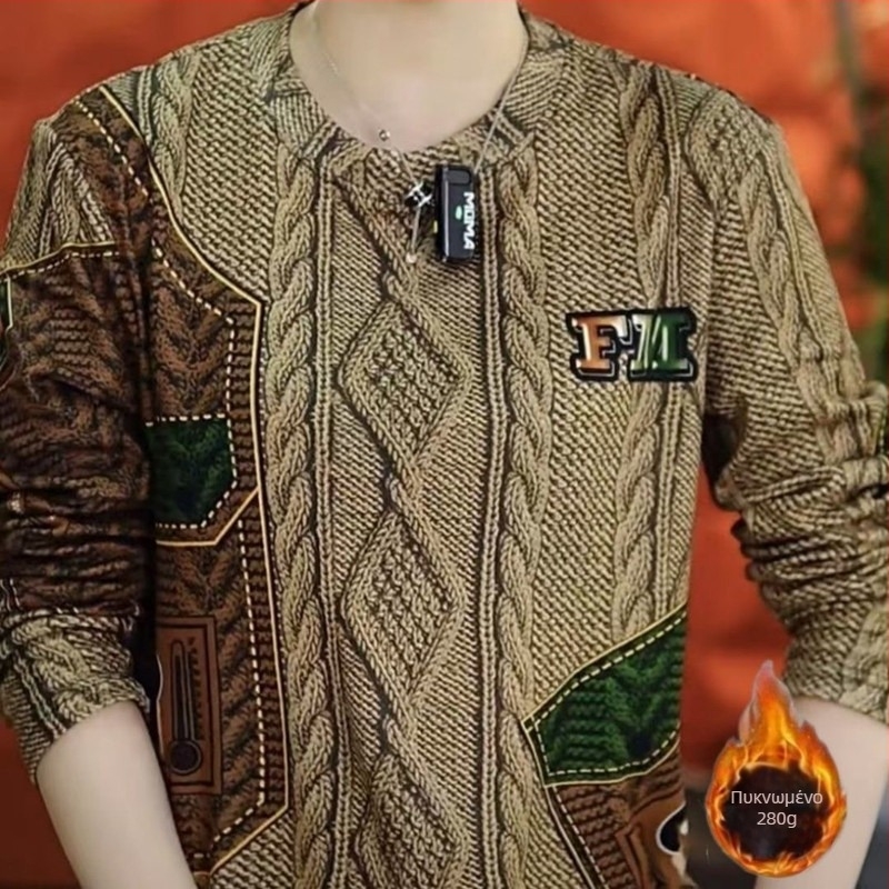 Ανδρικό μακρυμάνικο T‑shirt με ευρωπαϊκό στυλ εκτύπωσης, βελούδινη υφή, στενή γραμμή, ζεστή επένδυση φλίς