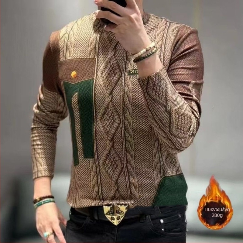 Ανδρικό μακρυμάνικο T‑shirt με ευρωπαϊκό στυλ εκτύπωσης, βελούδινη υφή, στενή γραμμή, ζεστή επένδυση φλίς