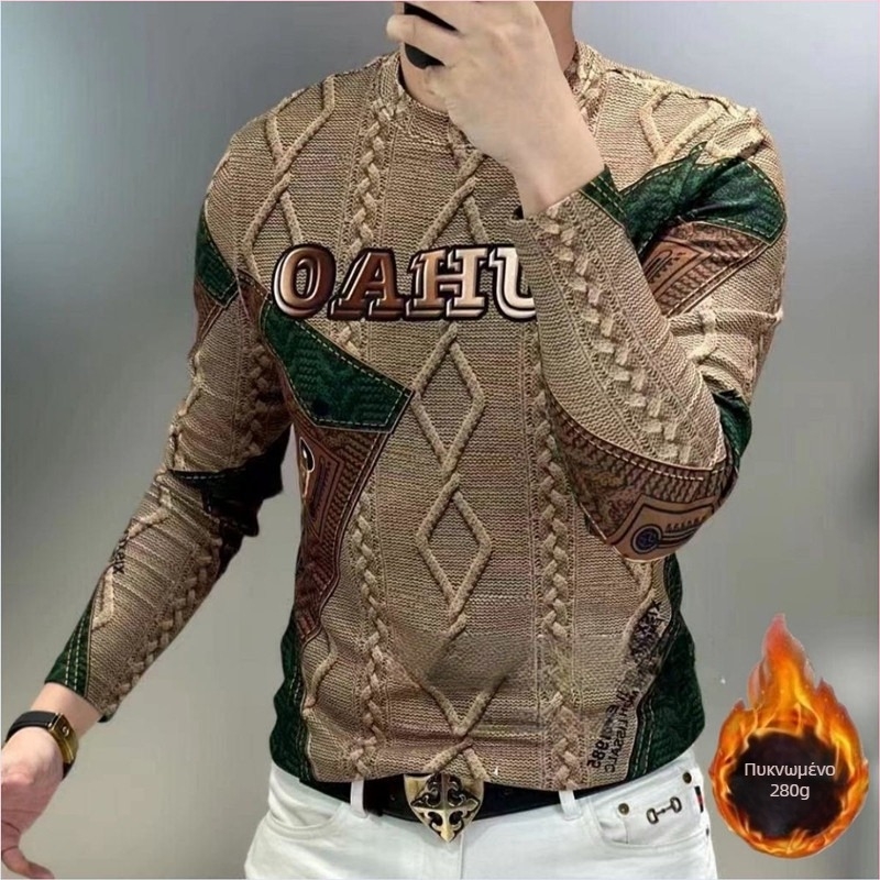Ανδρικό μακρυμάνικο T‑shirt με ευρωπαϊκό στυλ εκτύπωσης, βελούδινη υφή, στενή γραμμή, ζεστή επένδυση φλίς
