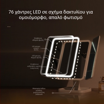 LED Καθρέφτης Μακιγιάζ, Επιτραπέζιος Αναδιπλούμενος Καθρέφτης με Φως, Επαναφορτιζόμενος Σχεδιασμός σε Σχήμα Κελύφους