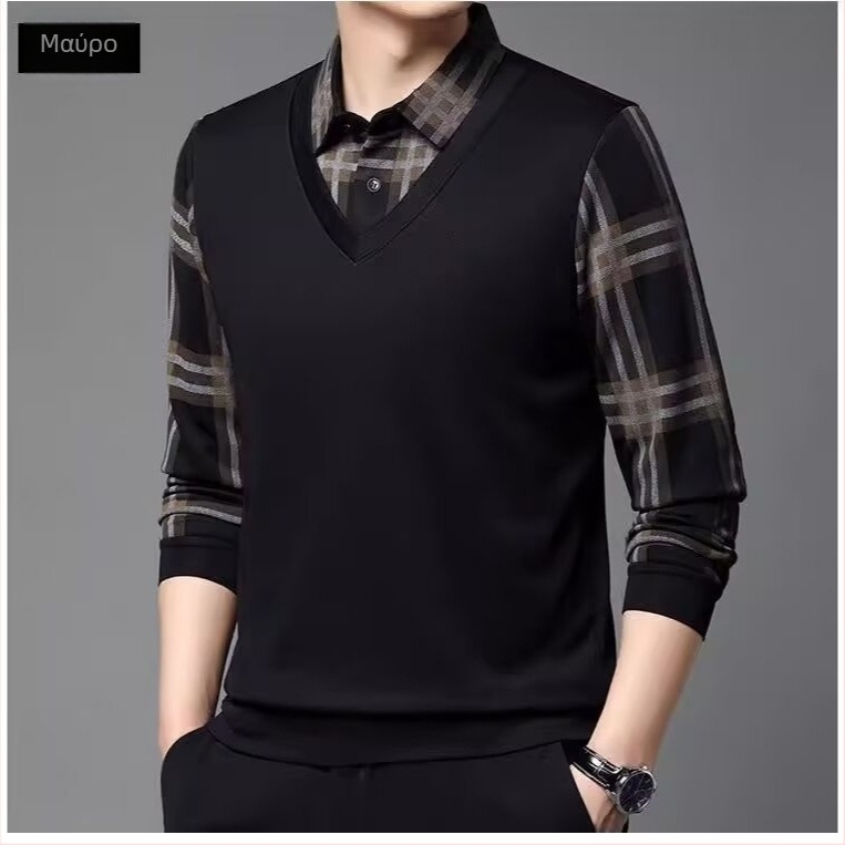 Ανδρικό μακρυμάνικο πόλο με ρίγες, τετράγωνος γιακάς, κομψό casual-business για άνοιξη και φθινόπωρο
