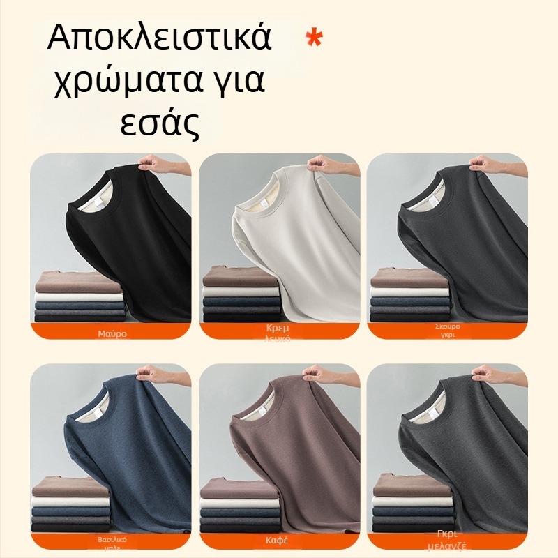 Ανδρικό βαρέως τύπου T‑shirt από μαλλί προβάτου και mulberry μετάξι, μακριά μανίκια, στρογγυλό λαιμό, ζεστή επένδυση φλίς εσωτερικά