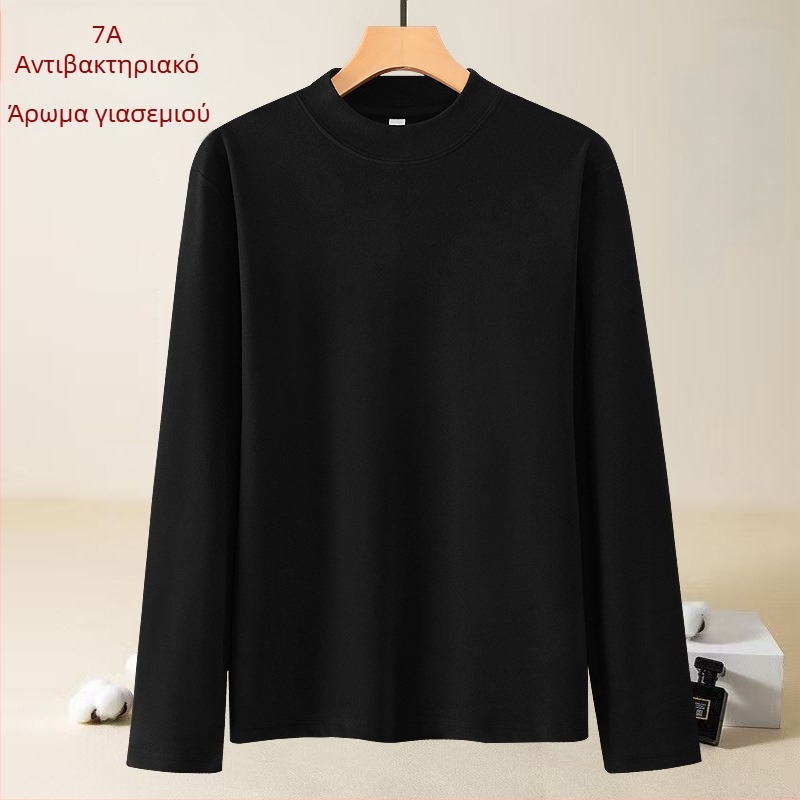 Ανδρικό θερμικό βασικό T-shirt με μεσαίου ύψους γιακά, μακριά μανίκια, μονόχρωμο, φλίς επένδυση για φθινόπωρο/χειμώνα