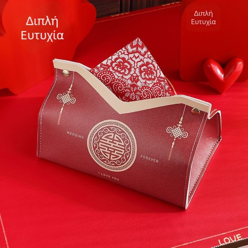 Κόκκινο PU δερμάτινο κουτί χαρτοπετσέτας γαμήλιο με σύμβολο Διπλό Ευτυχία, για αυτοκίνητο
