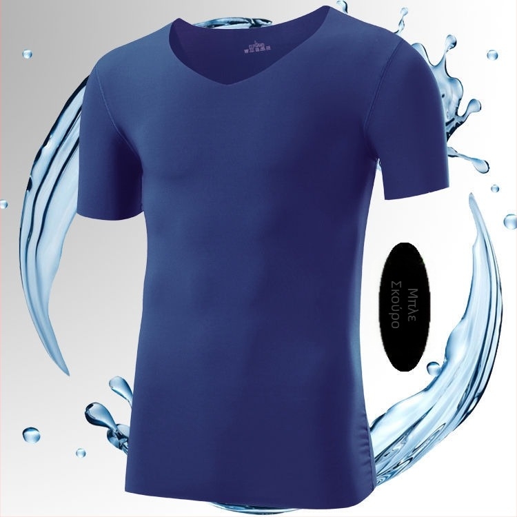 Ανδρικό κοντομάνικο T-shirt με V-λαιμό, λεπτό, γρήγορο στέγνωμα, μονόχρωμο, δροσερό για καλοκαίρι