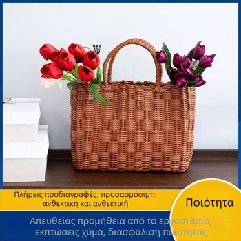 Πλαστικό πλεκτό καλάθι με χερούλι, γυναικεία τσάντα σε στυλ ρατάν