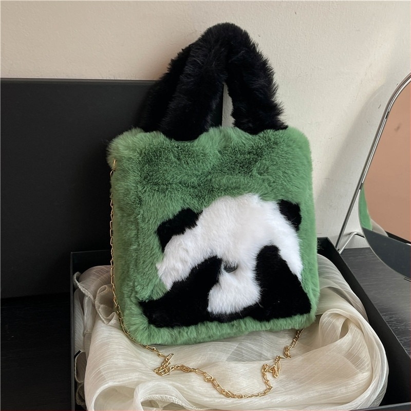 Φθινοπωρινή–χειμερινή Panda bucket bag, μικρή tote, γούνινη και χαριτωμένη, χέρι ή ώμος crossbody, γυναικεία τσάντα σε κορεατικό στυλ