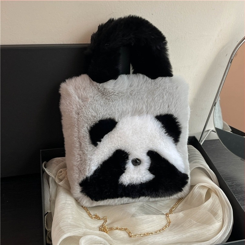Φθινοπωρινή–χειμερινή Panda bucket bag, μικρή tote, γούνινη και χαριτωμένη, χέρι ή ώμος crossbody, γυναικεία τσάντα σε κορεατικό στυλ
