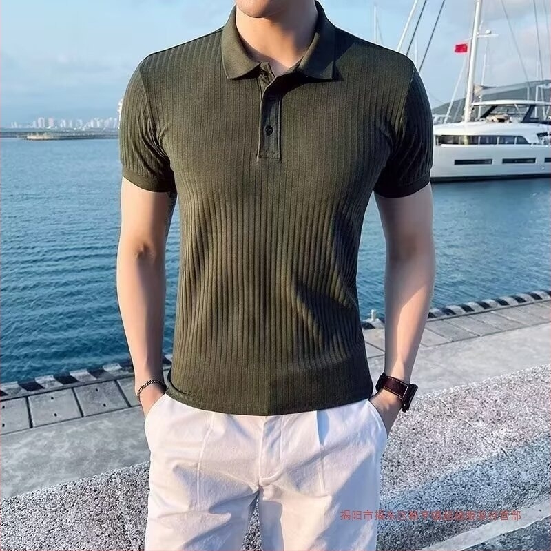 Ανδρικό καλοκαιρινό T-shirt με κοντά μανίκια από ice silk, κορεατικό στυλ, μινιμαλιστικό σχέδιο, turn-down collar, στενή γραμμή, δροσερό ύφασμα