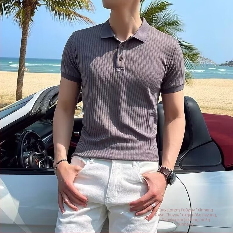 Ανδρικό καλοκαιρινό T-shirt με κοντά μανίκια από ice silk, κορεατικό στυλ, μινιμαλιστικό σχέδιο, turn-down collar, στενή γραμμή, δροσερό ύφασμα