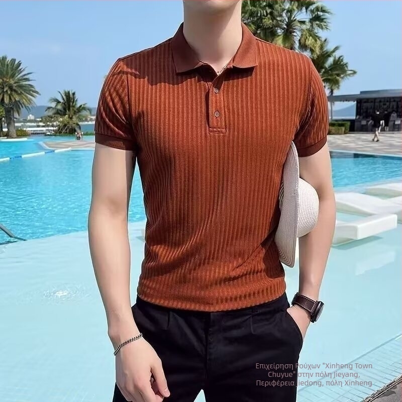 Ανδρικό καλοκαιρινό T-shirt με κοντά μανίκια από ice silk, κορεατικό στυλ, μινιμαλιστικό σχέδιο, turn-down collar, στενή γραμμή, δροσερό ύφασμα