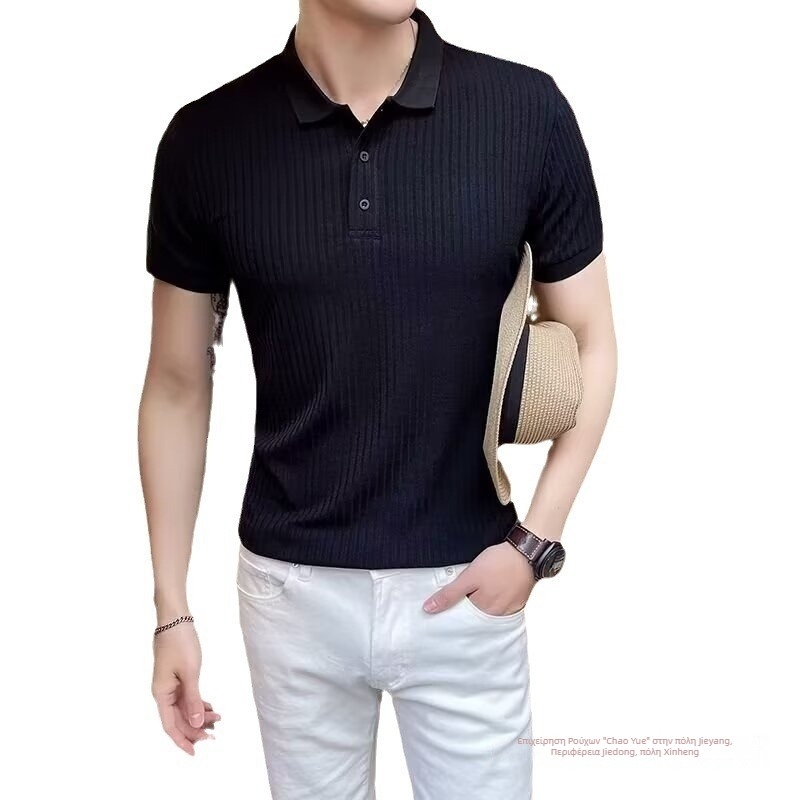 Ανδρικό καλοκαιρινό T-shirt με κοντά μανίκια από ice silk, κορεατικό στυλ, μινιμαλιστικό σχέδιο, turn-down collar, στενή γραμμή, δροσερό ύφασμα