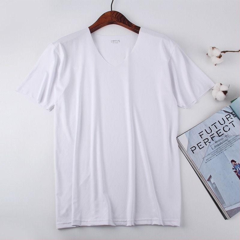 Ανδρικό λεπτό T-shirt με V-λαιμόκοψη, κοντό μανίκι, χωρίς ραφές, από ice silk, γρήγορο στέγνωμα, στενή εφαρμογή, μονόχρωμο