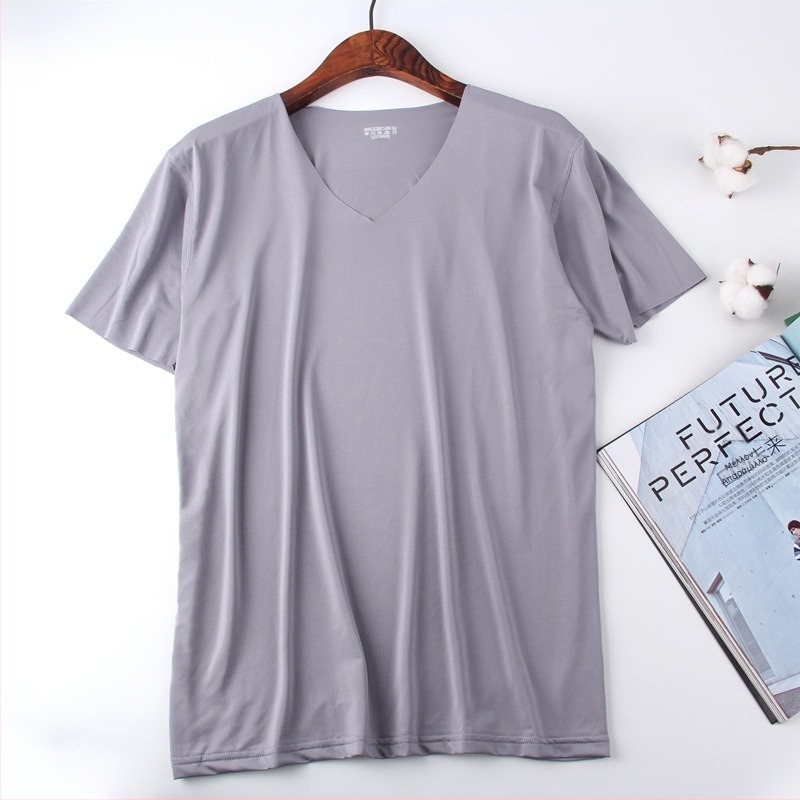 Ανδρικό λεπτό T-shirt με V-λαιμόκοψη, κοντό μανίκι, χωρίς ραφές, από ice silk, γρήγορο στέγνωμα, στενή εφαρμογή, μονόχρωμο