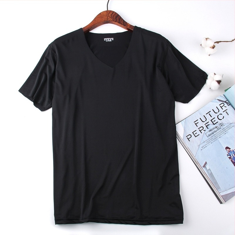 Ανδρικό λεπτό T-shirt με V-λαιμόκοψη, κοντό μανίκι, χωρίς ραφές, από ice silk, γρήγορο στέγνωμα, στενή εφαρμογή, μονόχρωμο