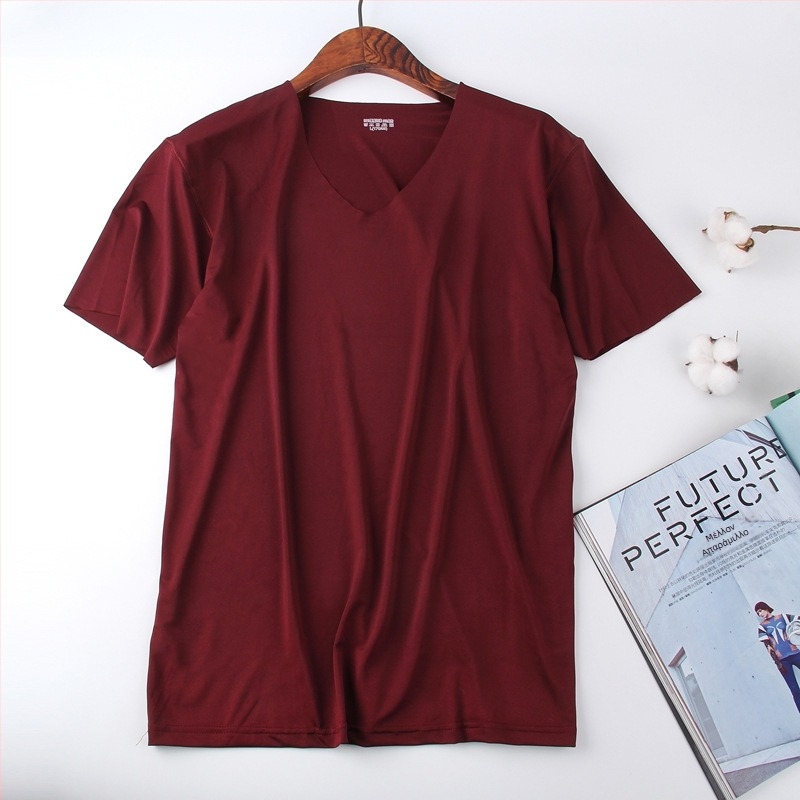 Ανδρικό λεπτό T-shirt με V-λαιμόκοψη, κοντό μανίκι, χωρίς ραφές, από ice silk, γρήγορο στέγνωμα, στενή εφαρμογή, μονόχρωμο