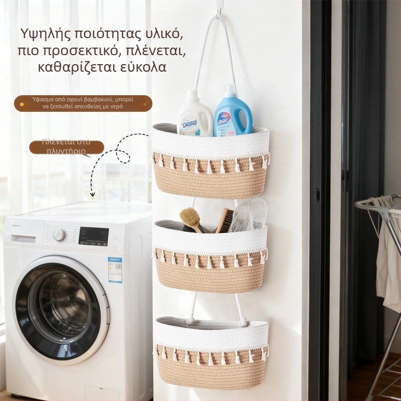 Κρεμαστό καλάθι αποθήκευσης τριών επιπέδων σε βορειοευρωπαϊκό στυλ, από βαμβακερό σκοινί, για οικιακή διακόσμηση και οργάνωση κουζίνας.