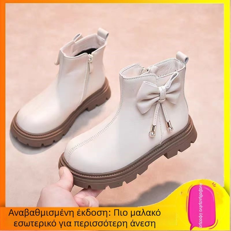 Κοριτσίστικα μποτάκια από μαλακό δέρμα με γούνινη επένδυση για φθινοπωρινό-χειμερινό καιρό, κοντές μποτάρες με φιόγκο, στυλ πριγκίπισσας