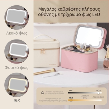 Θήκη μακιγιάζ από PU δέρμα με μεγάλο καθρέφτη και LED φωτισμό με τρεις αποχρώσεις, επαγγελματική θήκη μακιγιάζ με μεγάλη χωρητικότητα