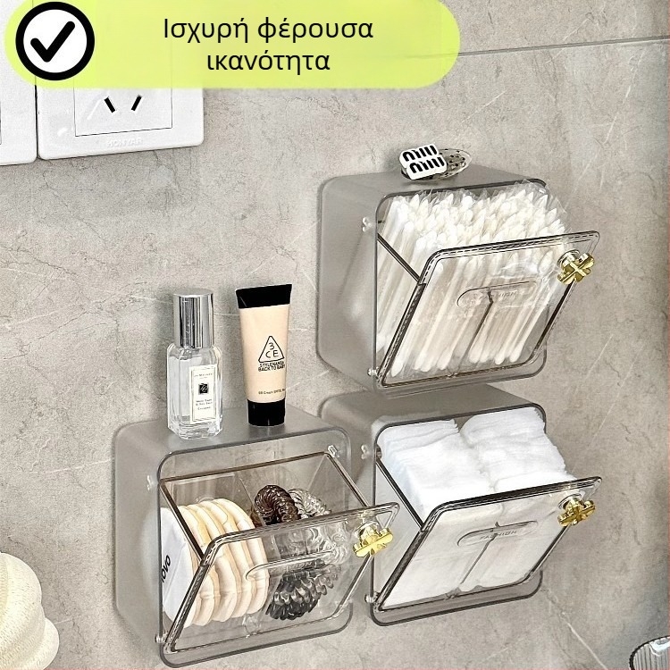 Οργανωτής καθρέφτη μπάνιου με διαχωριστικά — αποθήκευση μπατονέτων, δίσκων βαμβακιού, απομακρυντικό μακιγιάζ και κόκκινες λαστιχάκια για τα μαλλιά