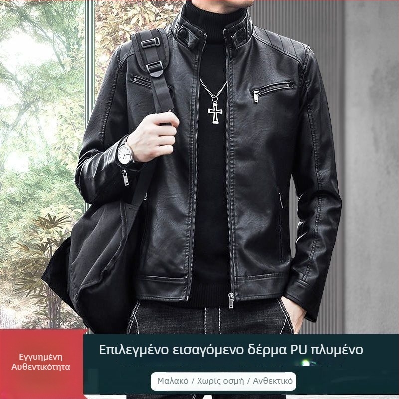 Ανδρικό μπουφάν από γνήσιο δέρμα προβάτου, λεπτό για άνοιξη-φθινόπωρο, κορεατικό στυλ, επένδυση φλίς, δερμάτινο μπουφάν μοτοσικλέτας για νέους