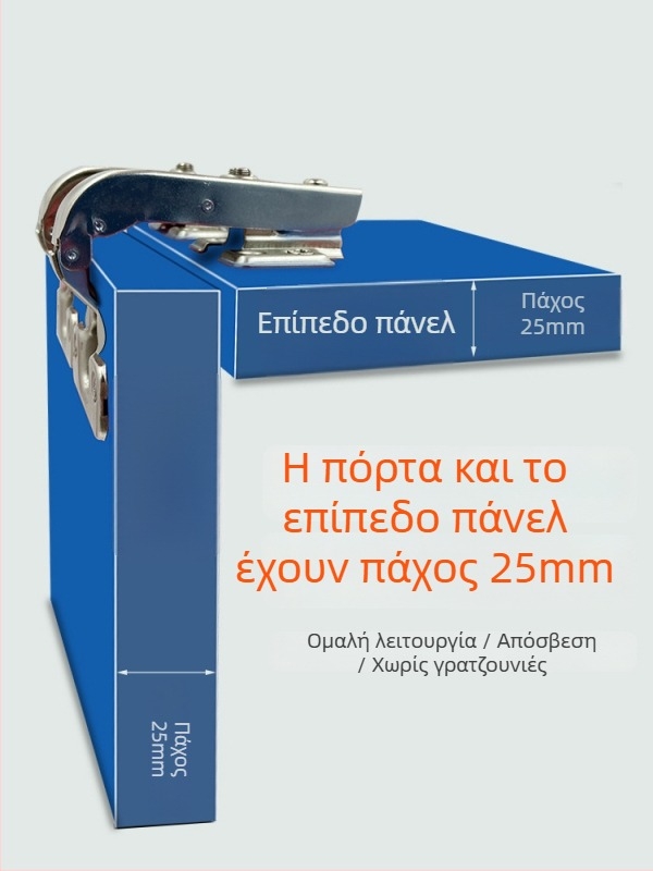 Μεντεσές πόρτας πάχους 25 mm με αποσβεστήρα για πόρτες ντουλάπας, 180° άνοιγμα, 90° γωνιακό ντουλάπι
