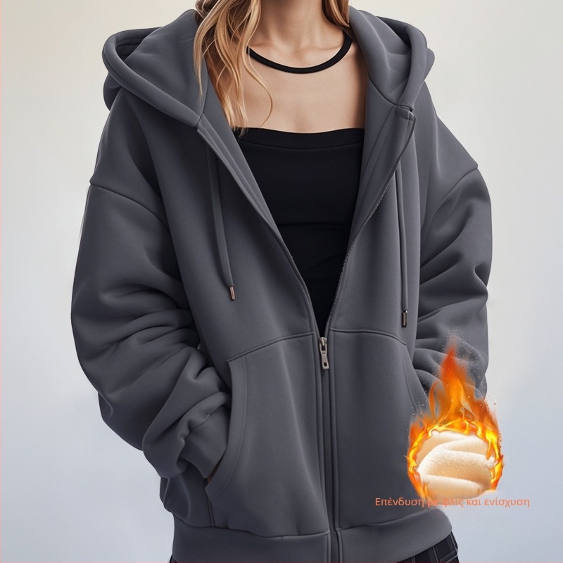 Φλίς με κουκούλα και φερμουάρ, παχύ, unisex, μονόχρωμο, φθινοπωρινό-χειμερινό