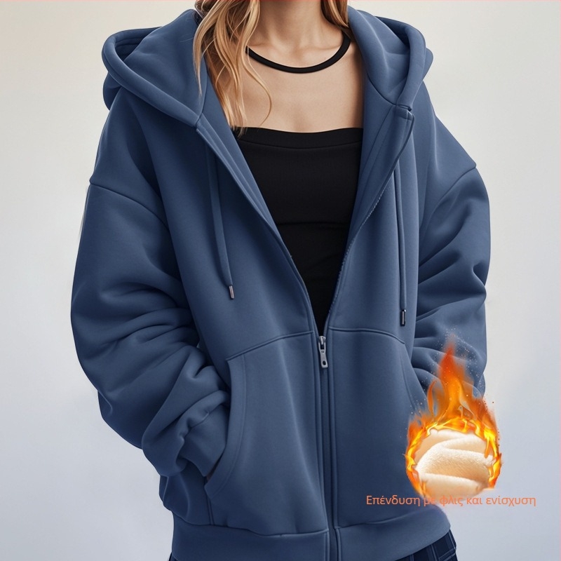 Φλίς με κουκούλα και φερμουάρ, παχύ, unisex, μονόχρωμο, φθινοπωρινό-χειμερινό