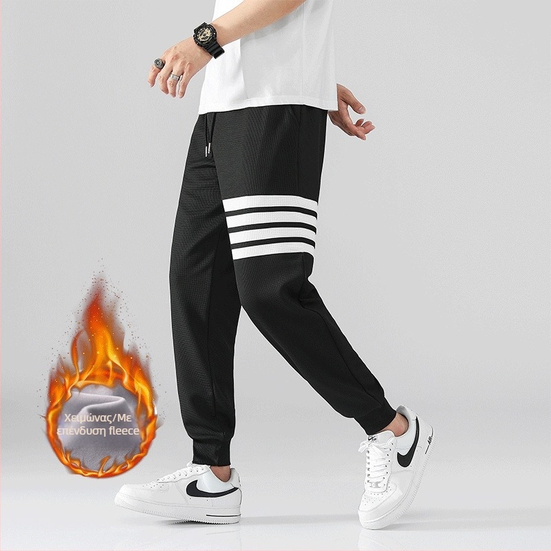 Ανδρικά jogger παντελόνια με υφή βάφλα για φθινόπωρο-χειμερινή σεζόν, casual αθλητικά με τέσσερις ρίγες
