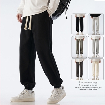 Ανδρικά πλεκτά βαμβακερά jogger παντελόνια, φαρδιά γραμμή με μανσέτες στους αστραγάλους, στυλ Χονγκ Κονγκ, casual άνοιξη-φθινόπωρο